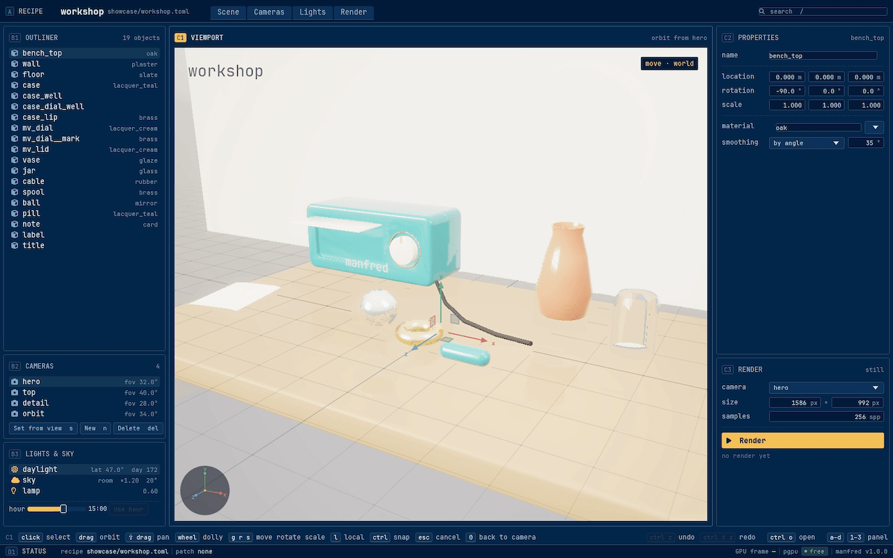 Manfred’s window on the workshop scene: a click picks the mirror ball and its move gizmo slides it along x; a click picks the vase and its material list makes it brass; Ctrl+Z twice puts both back.