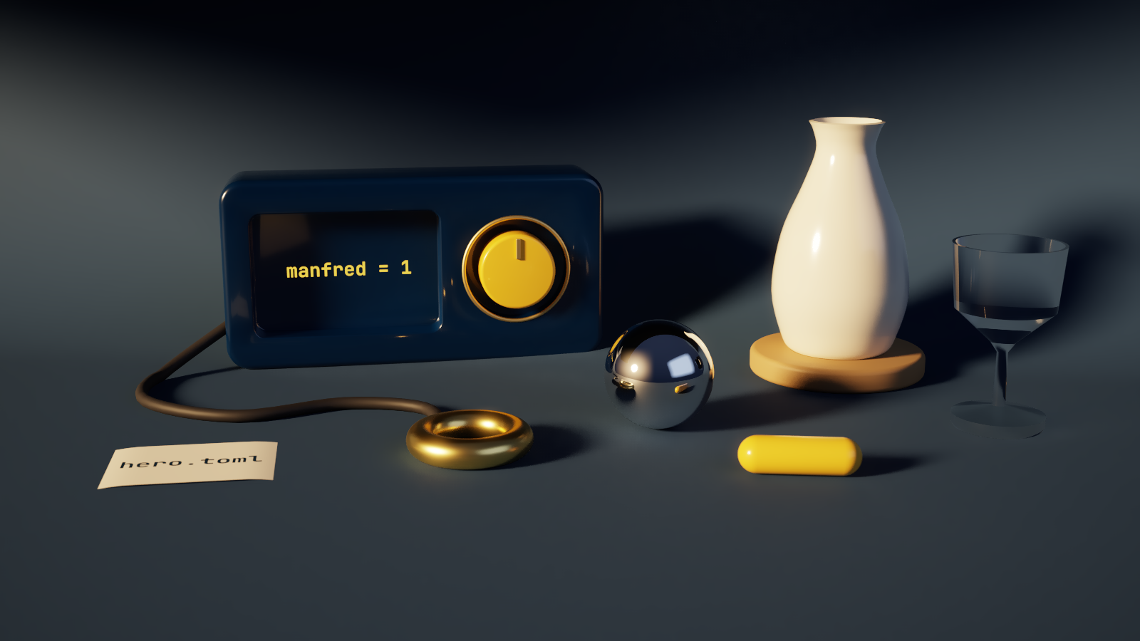 A path-traced still life on a blueprint-blue backdrop under a low warm sun: a blue lacquer case with a glowing display, a chrome ball, an amber capsule, a porcelain vase on an oak plinth, a wine glass and a paper note.
