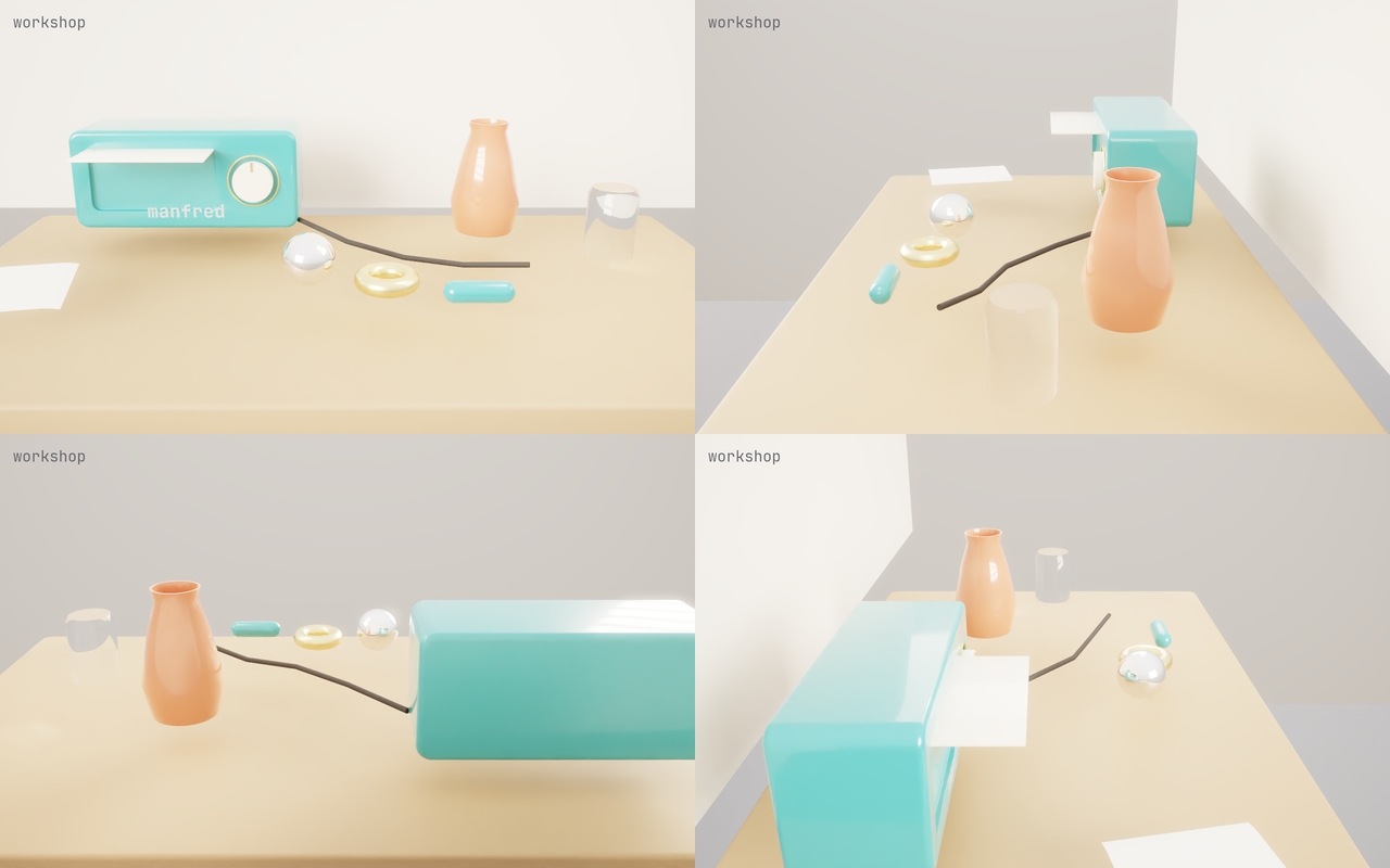 Four path-traced frames of an orbit around the workshop scene, a quarter turn apart, seen from the front, the right, the back and the left.