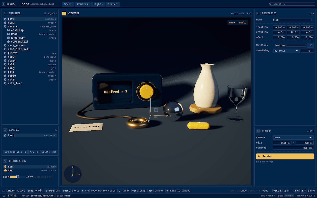 Manfred’s window on the hero scene: the Render button path-traces the hero camera, and the finished render fills the viewport.