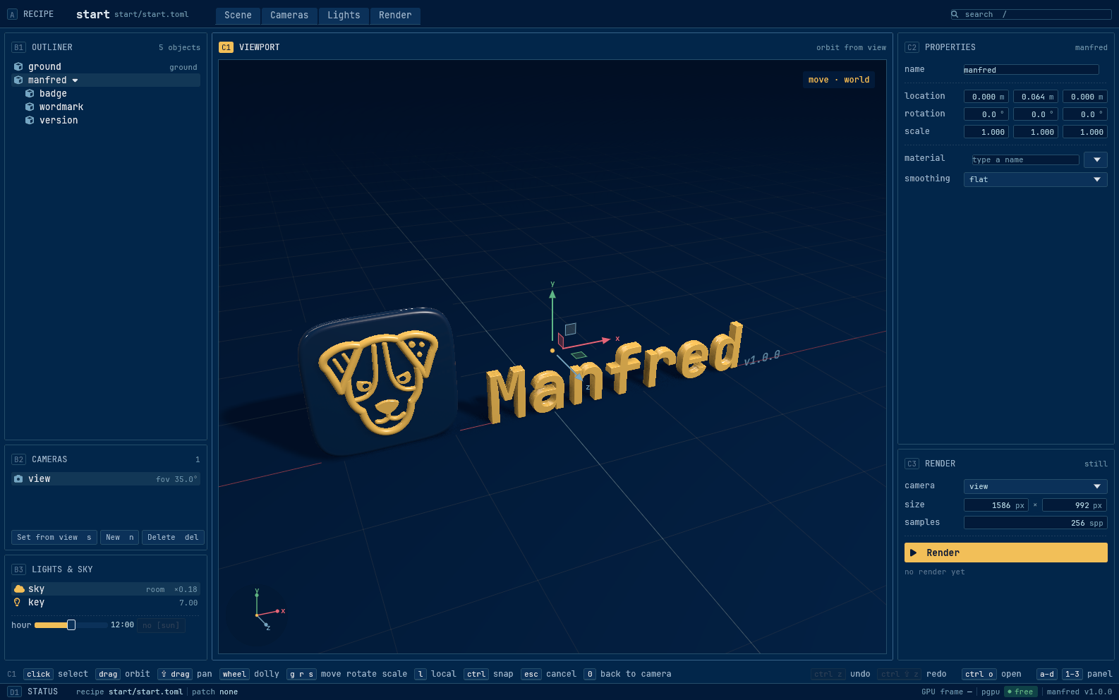 Manfred’s window on its start scene: the amber badge of a Jack Russell’s head and the word Manfred beside it, selected with a move gizmo over a floor grid.