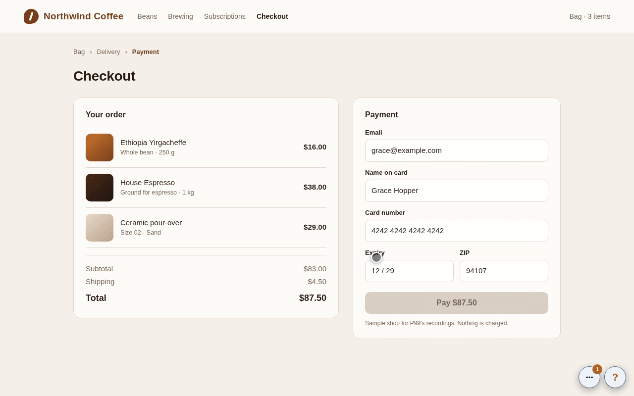 A sample coffee shop’s checkout page: Grace Hopper presses the blue question mark in the corner, the P99 panel opens, she picks Bug, types a title and a detail, marks the payment form (the card number shows blanked in the capture), sends it, and the item BUG-5 appears. The clip cuts to a terminal running p99 tui, where BUG-5 sits at the top of the inbox on host shop.example.com and opens.