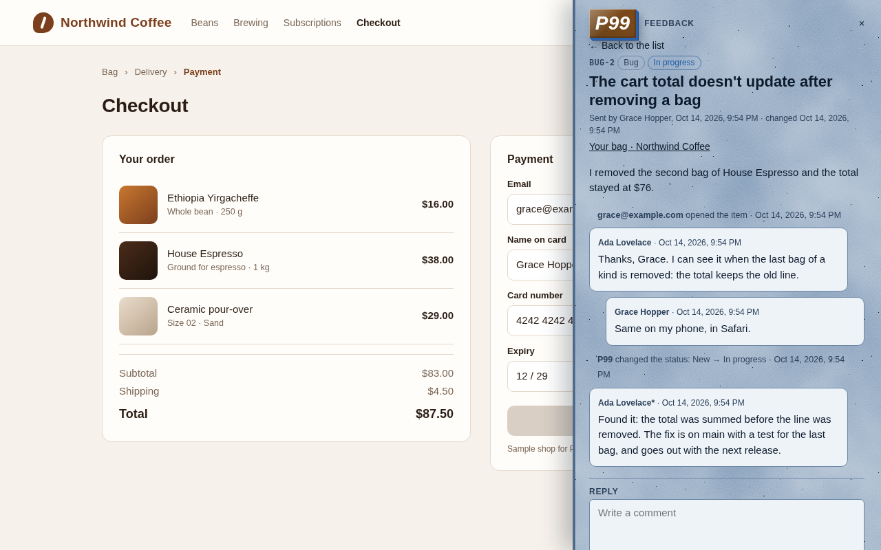 The P99 panel open over a light checkout page on item BUG-2: the report, a manager’s reply, the reporter’s answer, a status change to in progress and a reply from Ada Lovelace* (an agent acting for her).