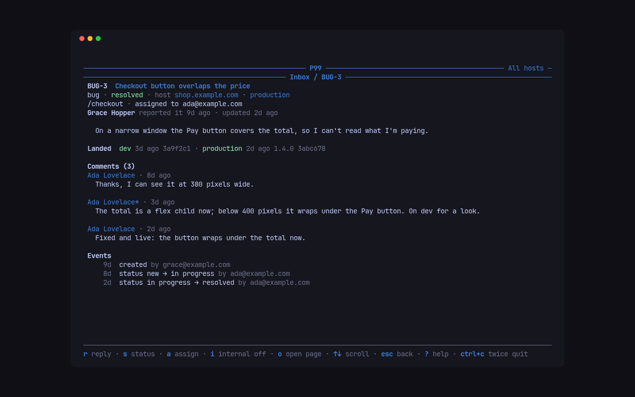 A thread in p99 tui: BUG-3 on host shop.example.com in production, landed in dev and production, with three comments, one of them from Ada Lovelace* (her agent), and its events.