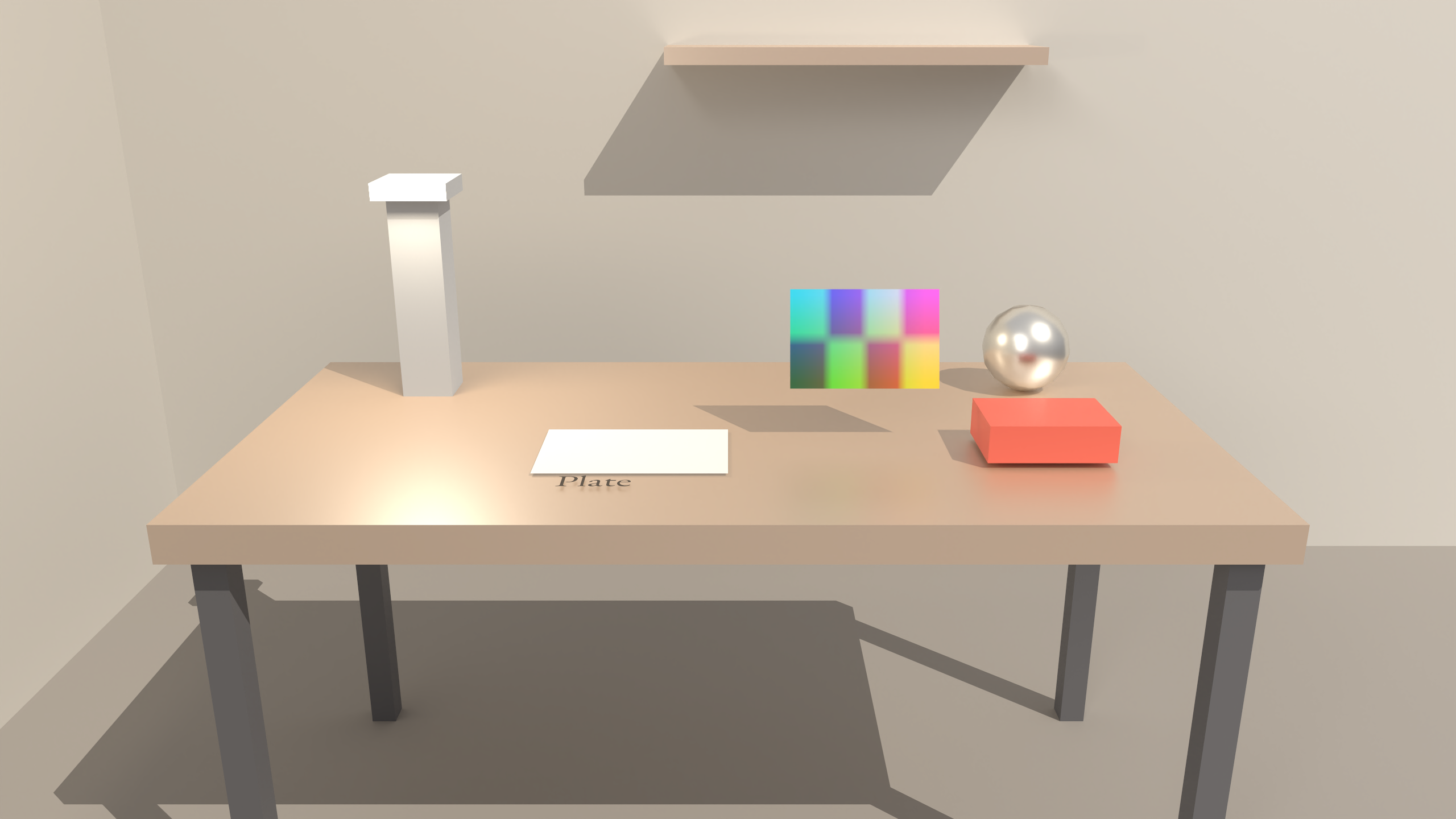 The engine’s neutral desk scene, path traced and denoised: a wooden desk in a beige room with a white lamp column, a colour chart, a chrome ball, a red box and a white card labelled Plate, a shelf on the wall above casting a soft shadow.