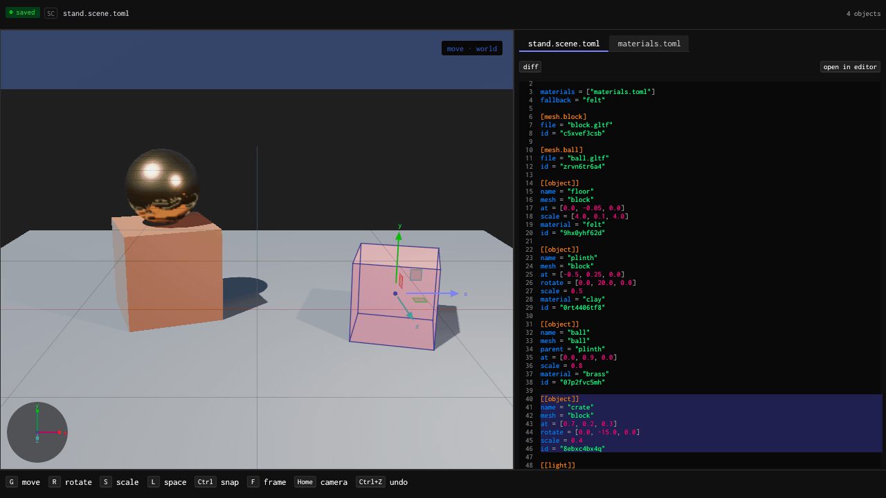 The editor example: dragging a crate along x with the move gizmo in a 3D viewport, the scene’s TOML beside it with the crate’s table marked, its at value updating when the drag is released.