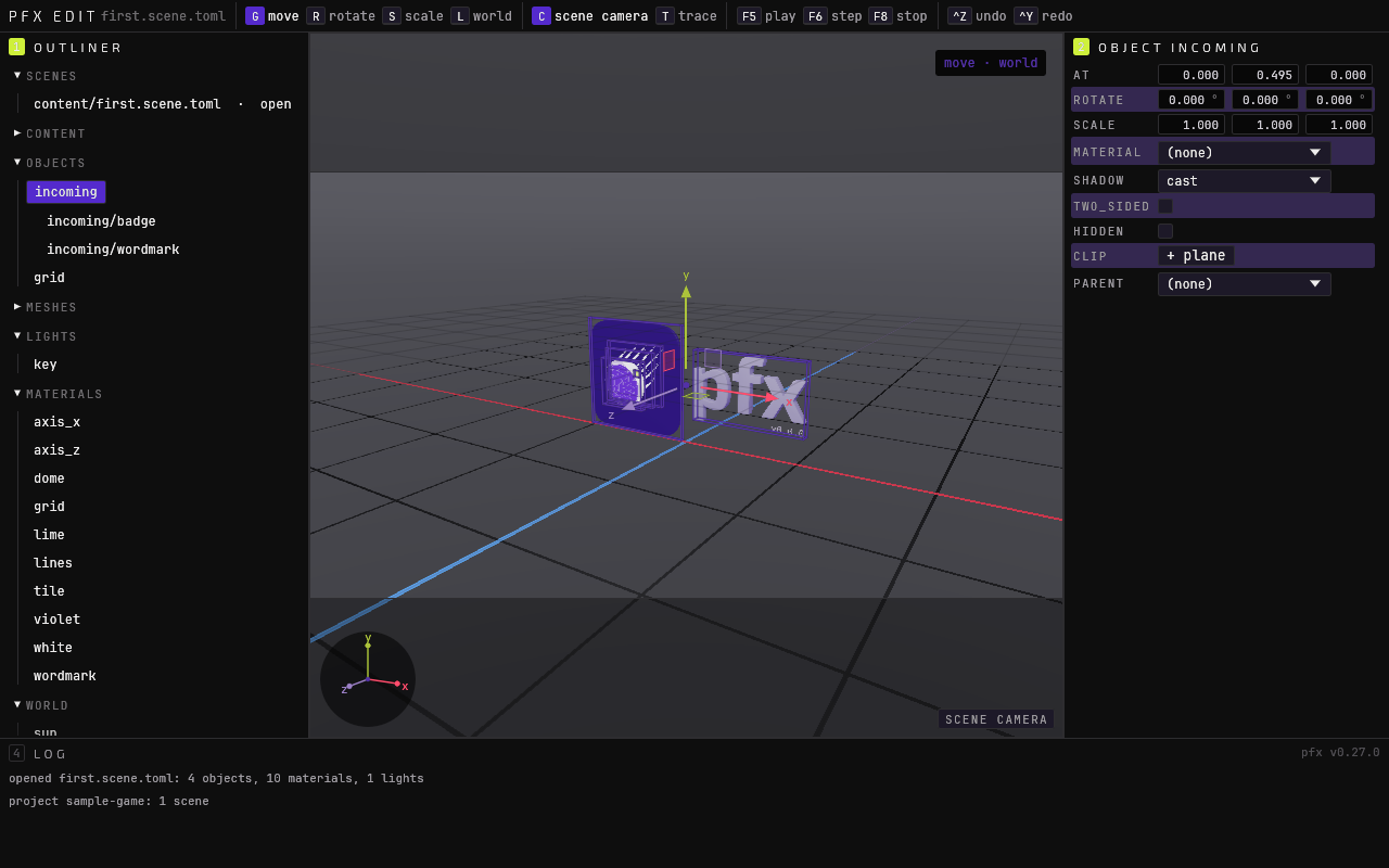 pfx edit on a new game made by pfx new: the outliner on the left lists the scene’s objects, lights and materials; the viewport in the middle shows the pfx mark and wordmark standing on a grid with the move gizmo on them; the inspector on the right shows the selected group’s position, rotation and scale; the log at the bottom says the scene opened with 4 objects, 10 materials and 1 light.