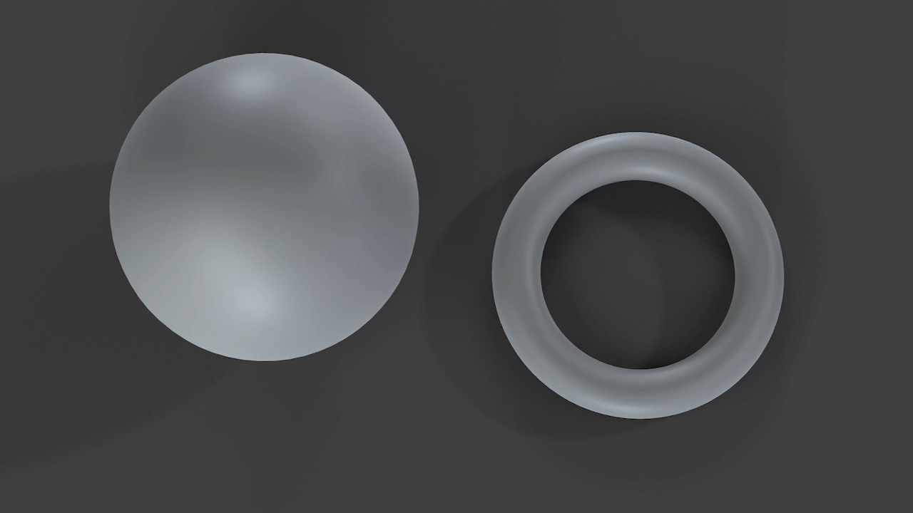 pfx’s path tracer on its neutral sample shot: a grey disc and a grey ring turning back and forth over a dark floor, in soft key, fill and rim light