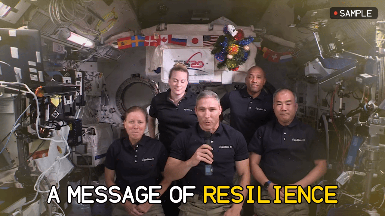 A NASA frame with a caption and a corner mark, blended by pito-codecs