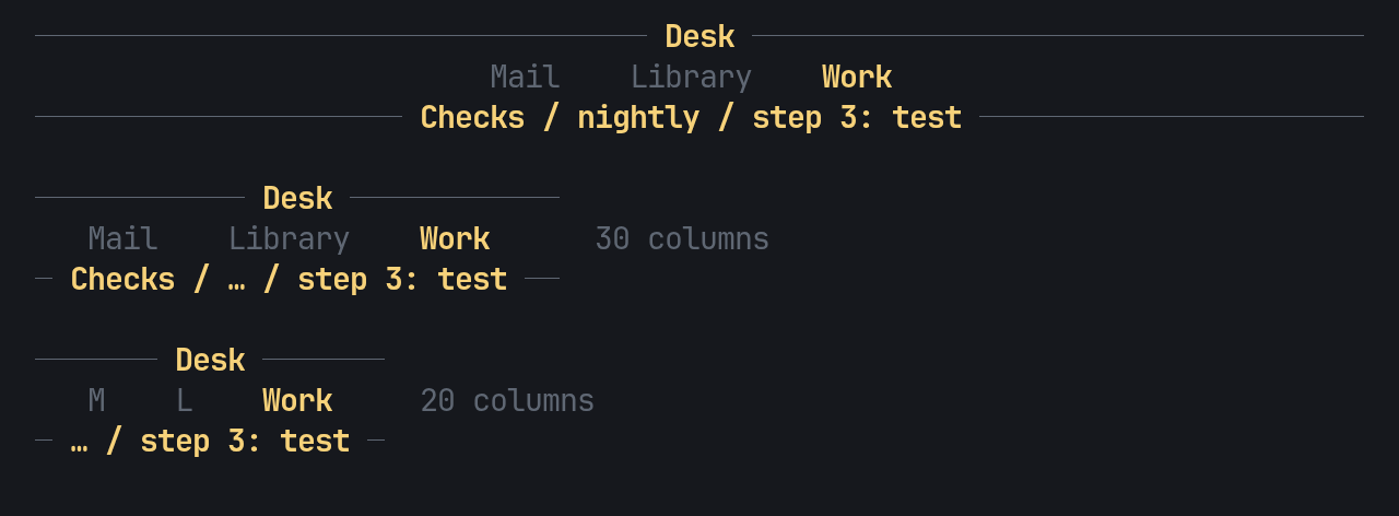 Three headers drilled two levels into Checks: at 76 columns the breadcrumb reads Checks / nightly / step 3: test, at 30 columns Checks / … / step 3: test, and at 20 columns … / step 3: test with the groups as first letters