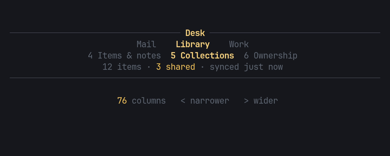 The header narrowing two columns at a time from 76 to 8 and widening back: full names, then short names, then only the current section named, then numbers only, while the groups go to short names and first letters