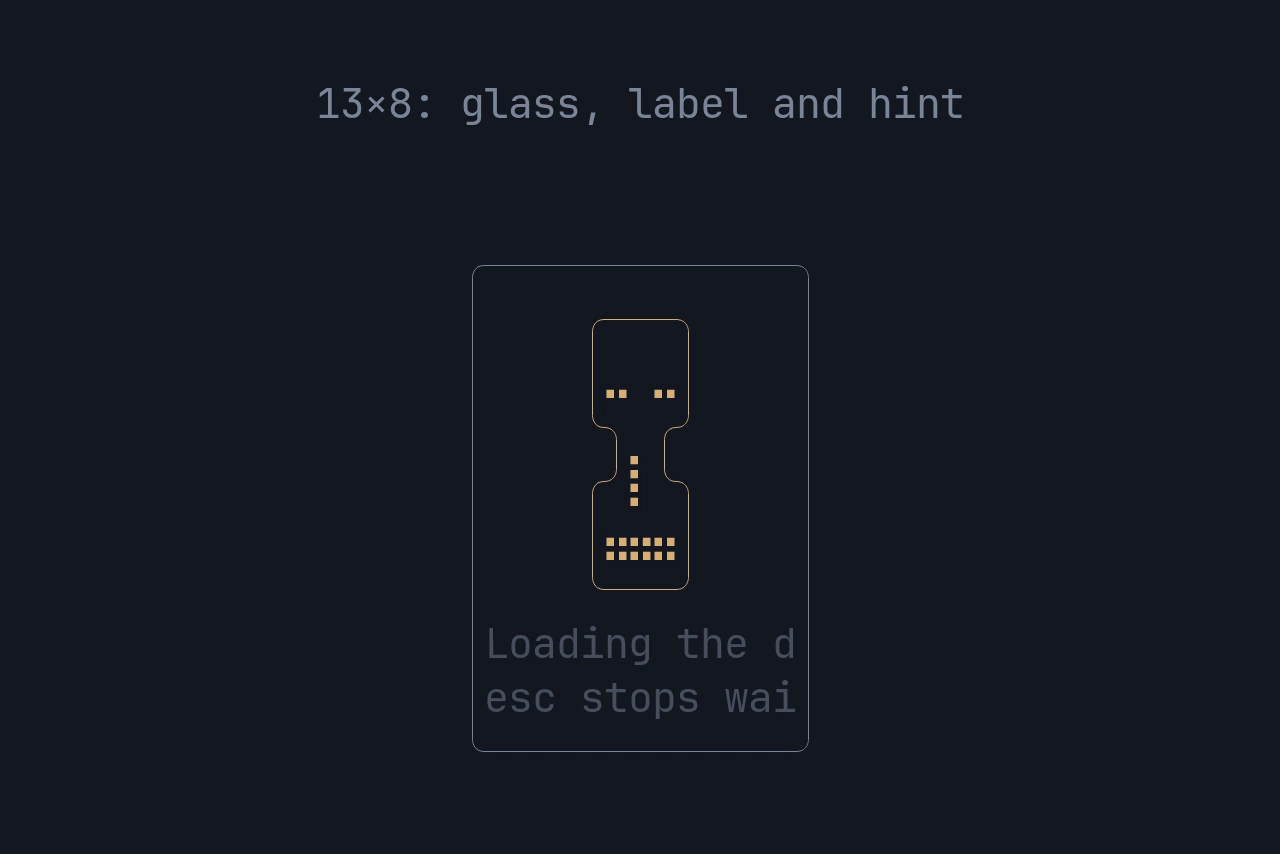 One hourglass in a box that shrinks step by step: 27×9 and 13×8 show the glass, label and hint; at 13×7 the glass goes; 21×2 shows the label and hint; 21×1 the label alone; 11×1 and 6×1 the label cut at a character, still shimmering