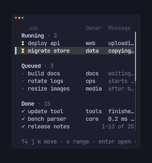 The same list at 38 columns: Size and Version dropped, Job and Owner kept