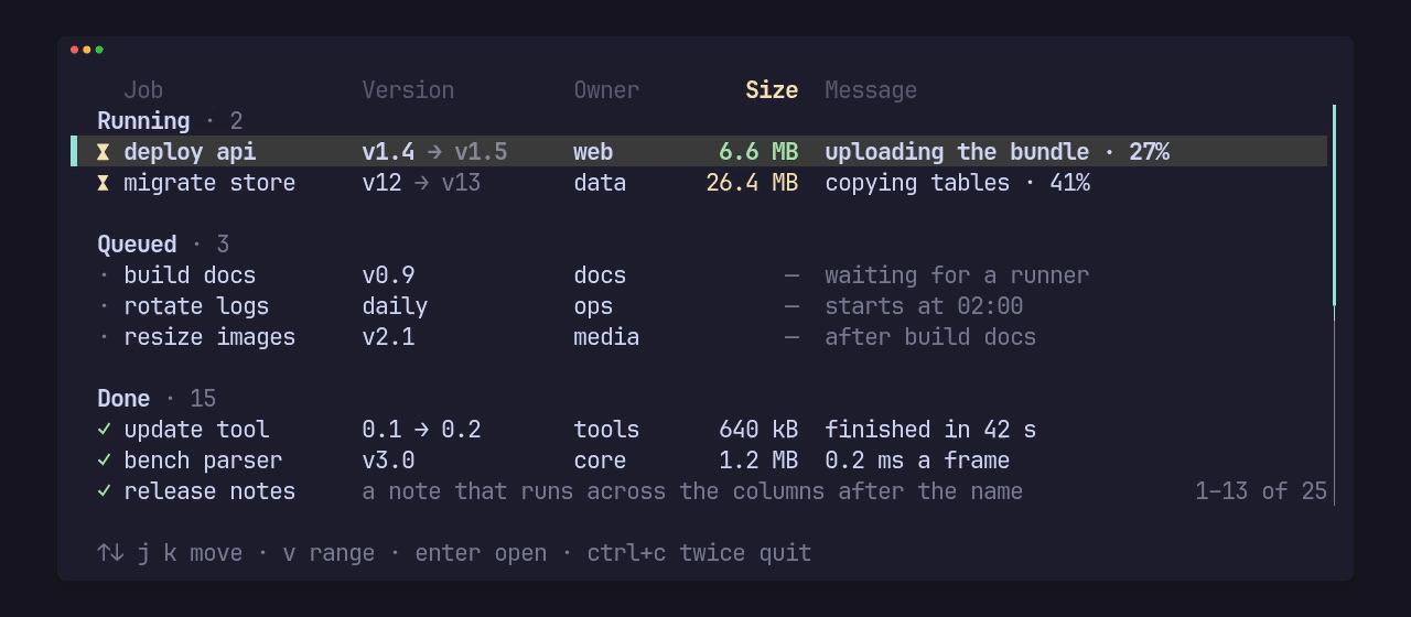 The demo example: jobs in sections, sizes that grow in place, a selected range, and the view following the selection to the end with a scrollbar and a count of the rows on screen