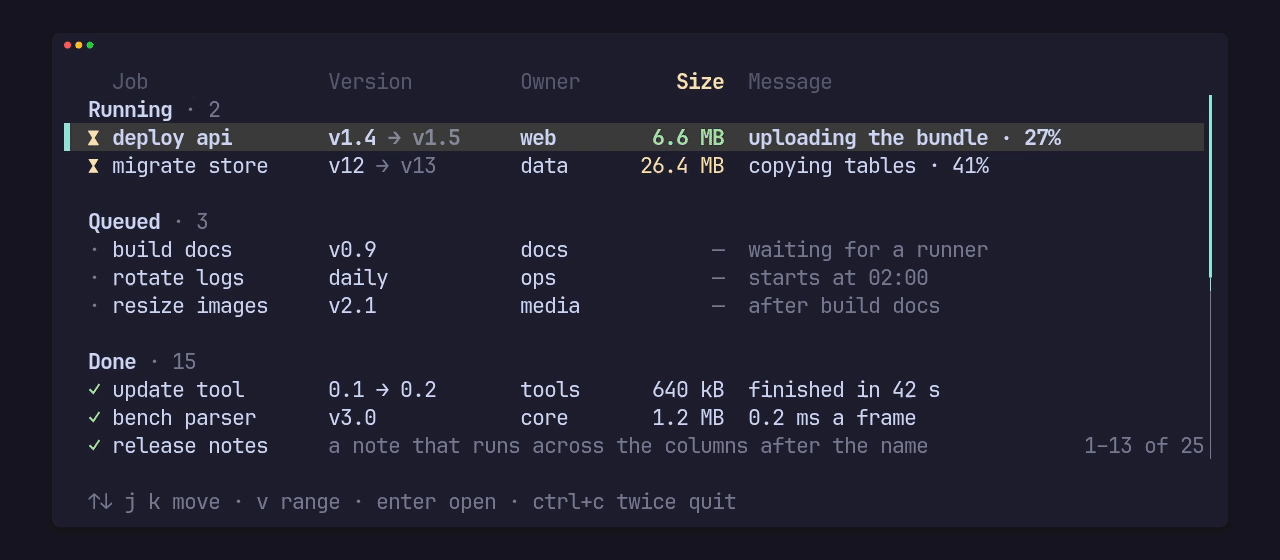 The cursor moves down into the Queued section, v starts a range, and every row from the anchor to the cursor draws selected while the section headings stay as they are
