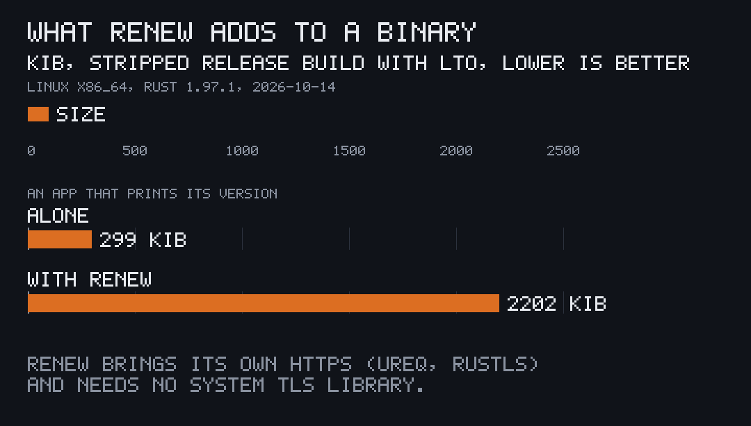 Bars: an app that prints its version is 299 KiB stripped; with renew it is 2202 KiB, HTTPS included