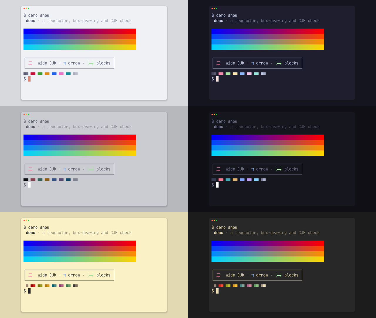 Six stills of the demo palette in a grid, light on the left and dark on the right: Catppuccin Latte and Mocha, Tokyo Night Light and Tokyo Night, Gruvbox Light and Gruvbox Dark.