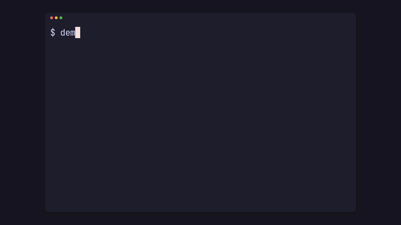The clip that run makes: in a window on a dark ground, demo tick draws a progress bar, then demo show prints a truecolor gradient, a box with a wide CJK character, an arrow and blocks, and the 16 ANSI colours, before the clip crossfades back to its first frame.